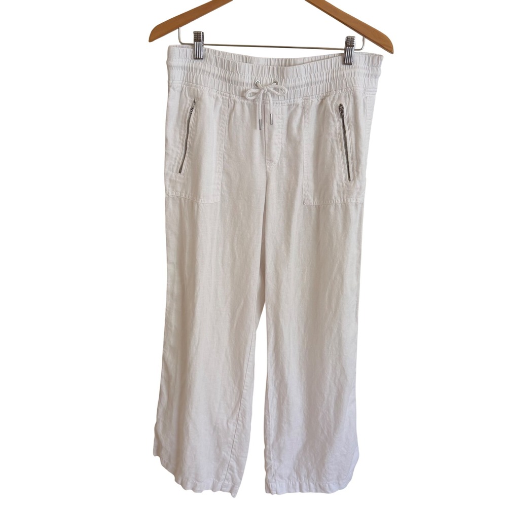 Athleta Cabo Linen Wide Leg Pants White Size 10 Drawstring Zip Pocket Relaxed